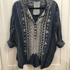 Johnny Was Navy Embroidered Button Blouse